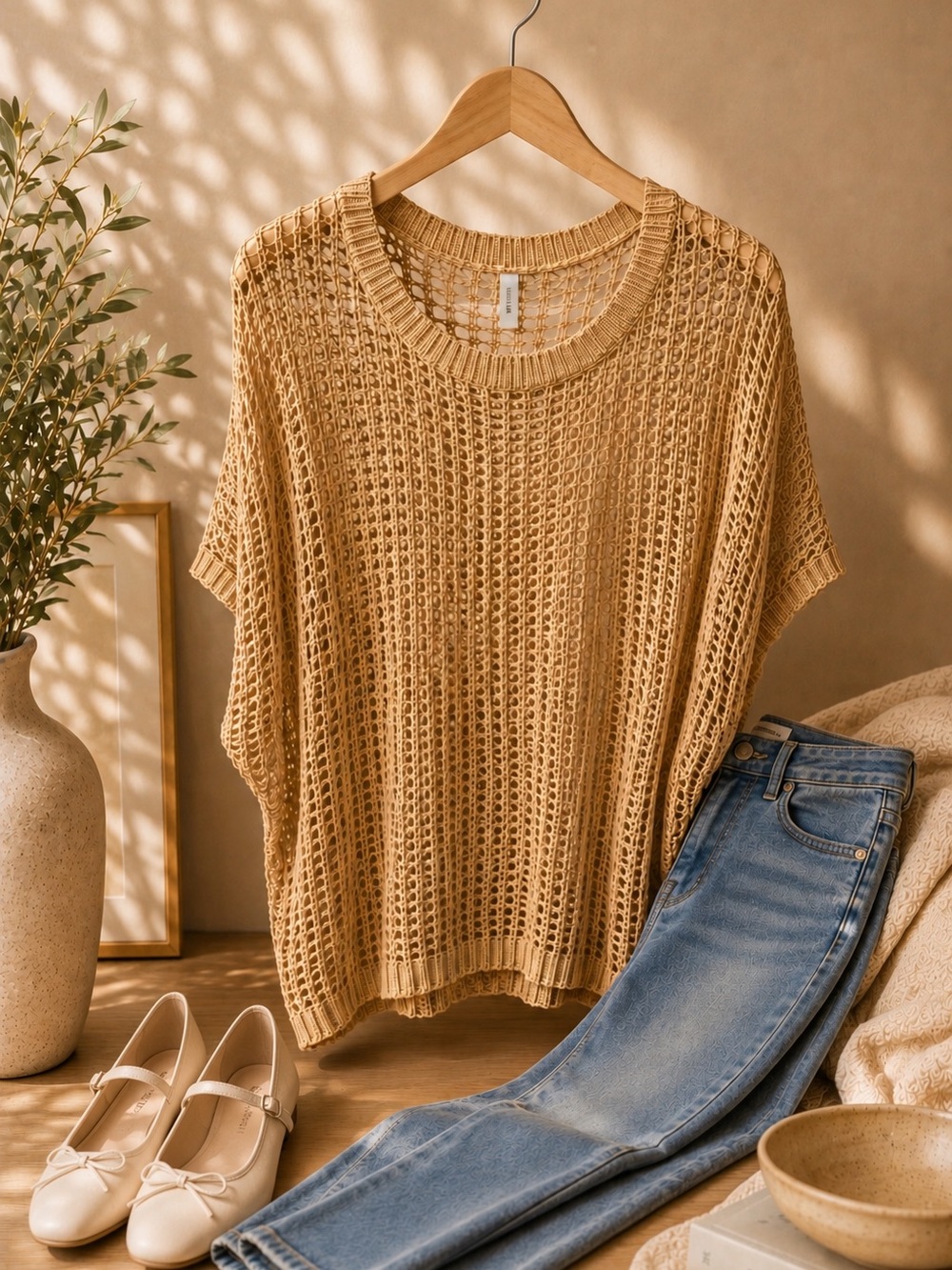 Lightweight Crochet Knit Sweater - Beige Size L
